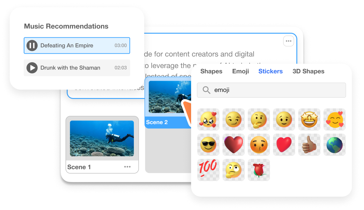 Scene-based editing workflow using Veo 3 in Visla for subtitles, music, and AI voiceover